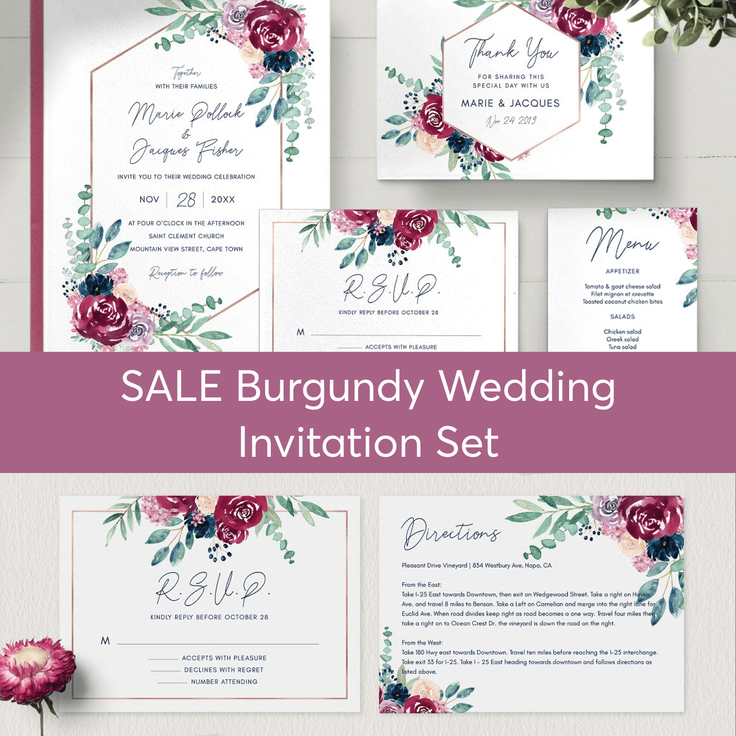 SALE Burgundy Wedding Invitation Set preview image.