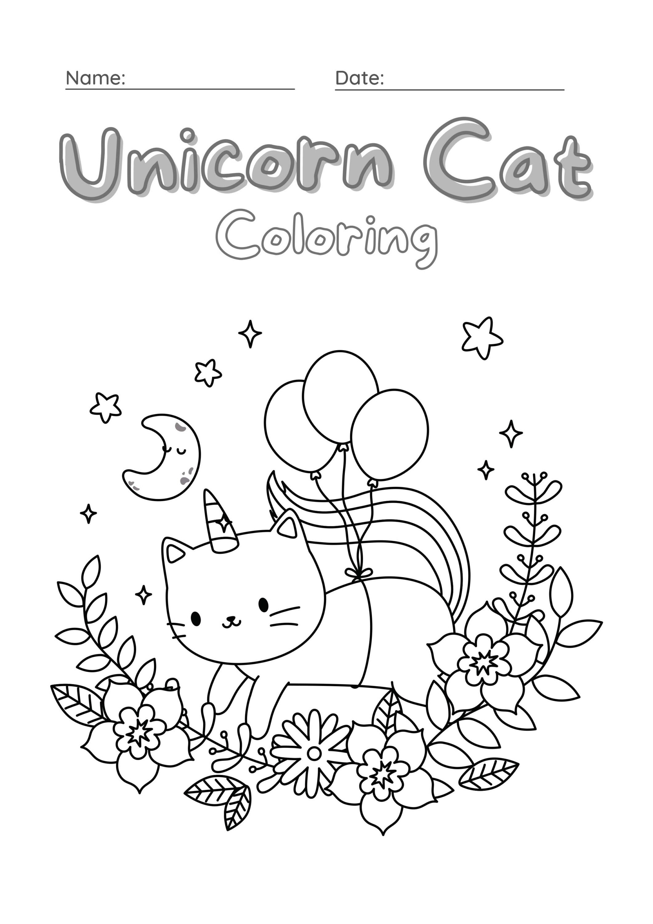 Unicorn Cat Coloring Worksheet Set 1