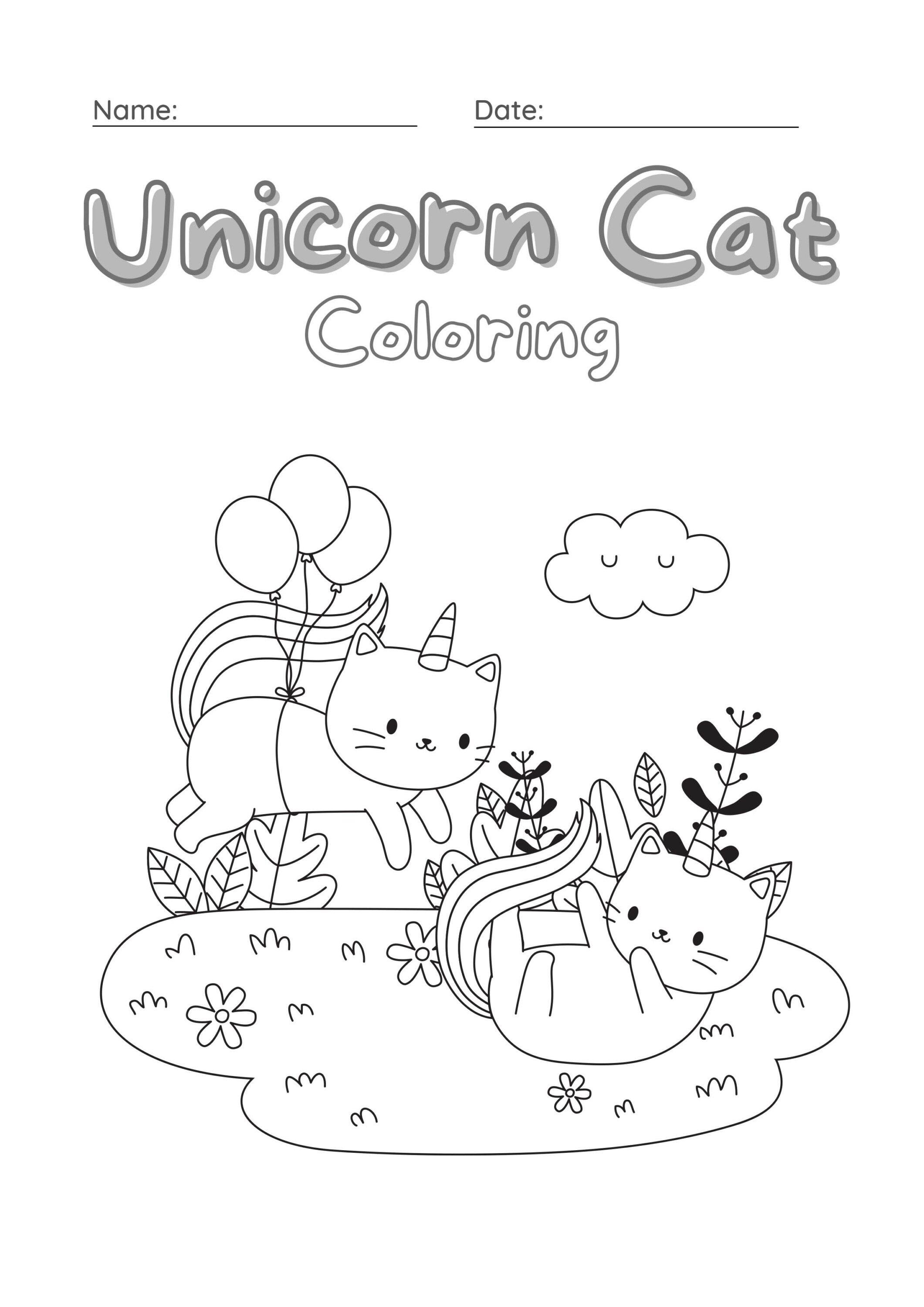 Unicorn Cat Coloring Worksheet Set 12