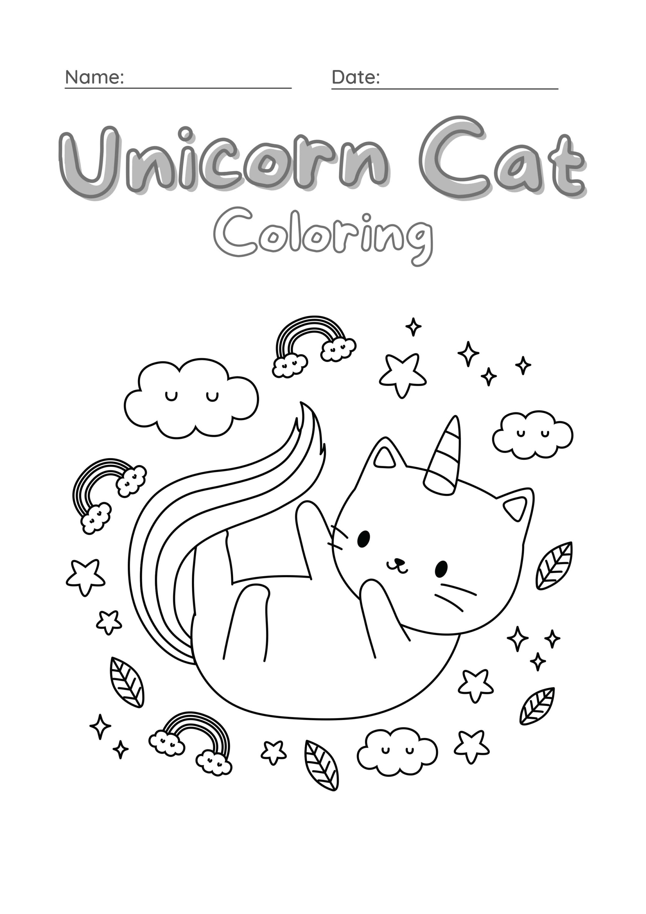Unicorn Cat Coloring Worksheet Set 5