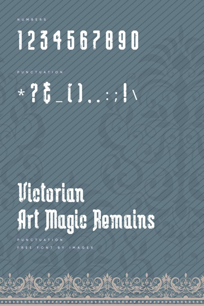 Victorian Art Magic Remains Free Font Pinterest Preview with Numbers and Punctuation.