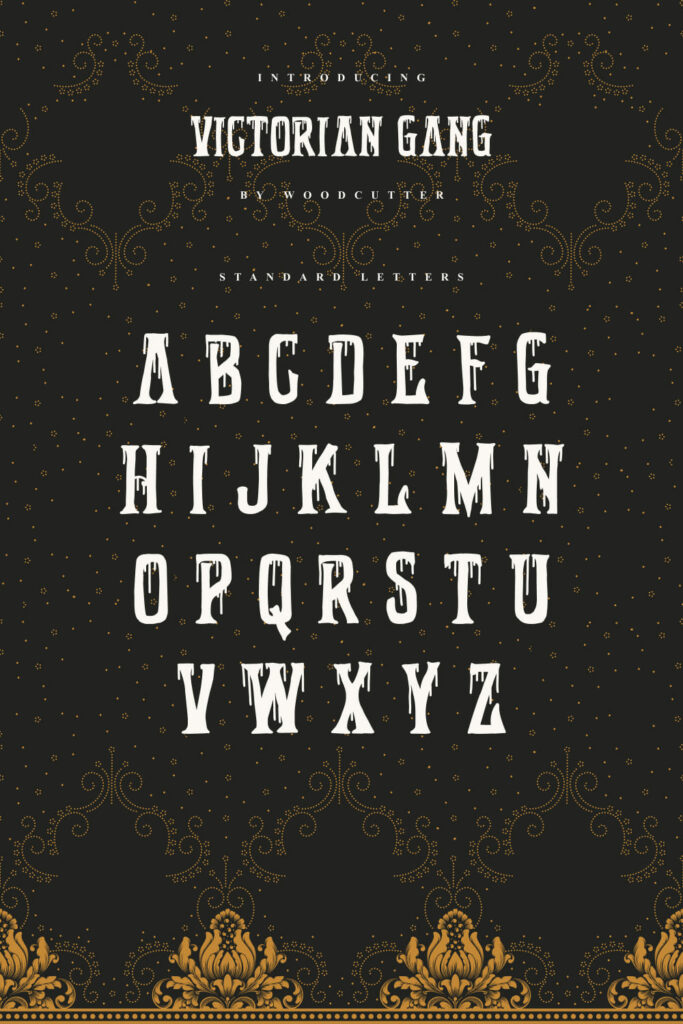 MasterBundles Pinterest Collage Image with Victorian Gang Free Font Alphabet.