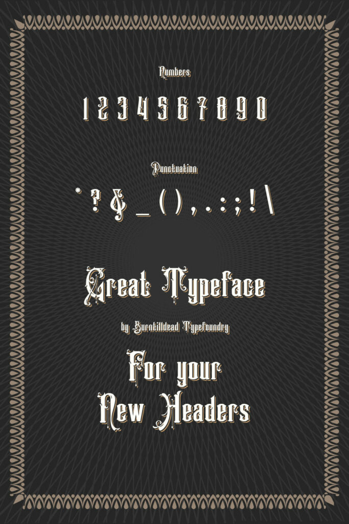 MasterBundles Victorian Supremacy Free Font Pinterest Collage Image with Punctuation and Numbers.