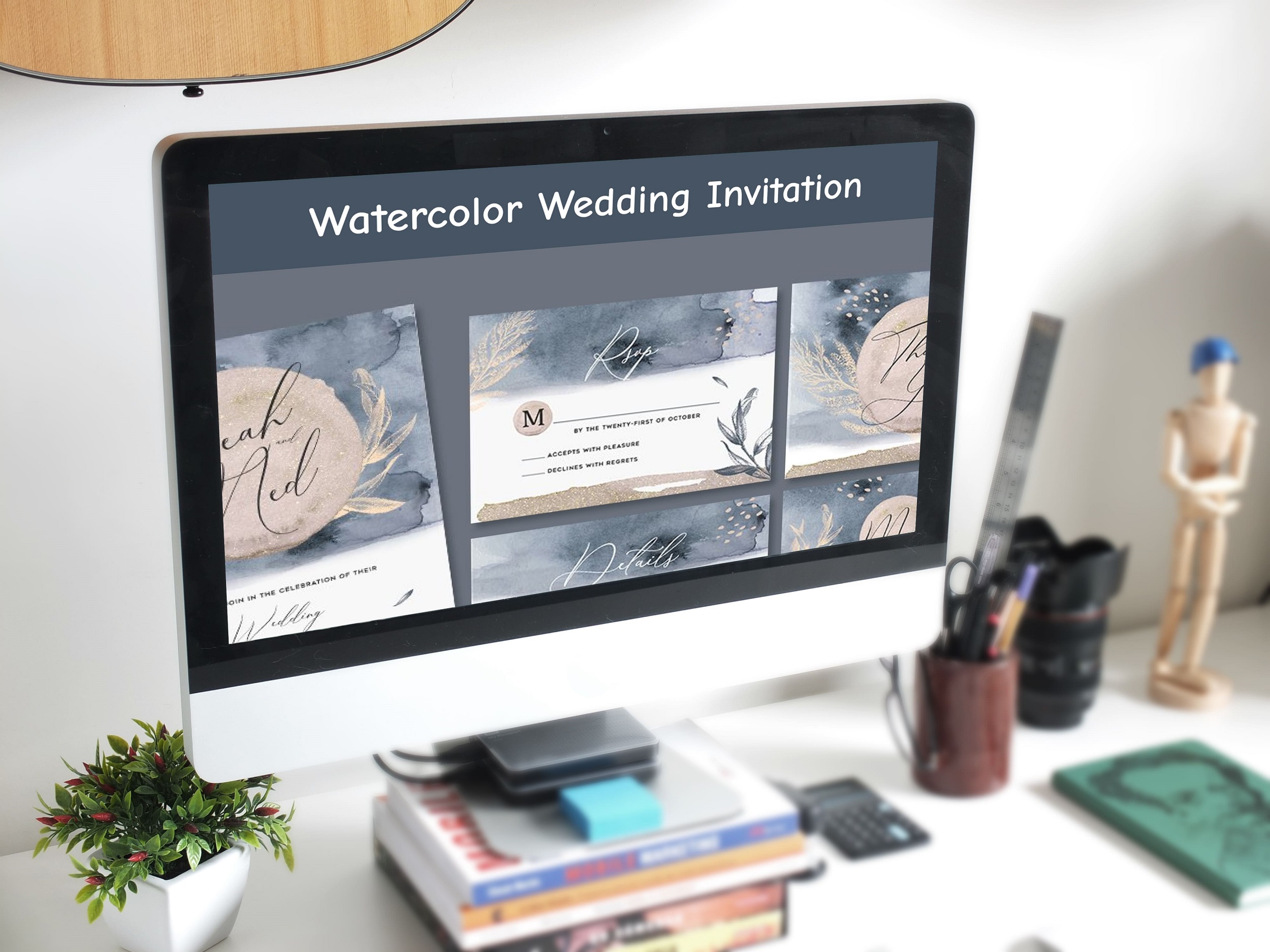 Watercolor Wedding Invitation desktop mockup.