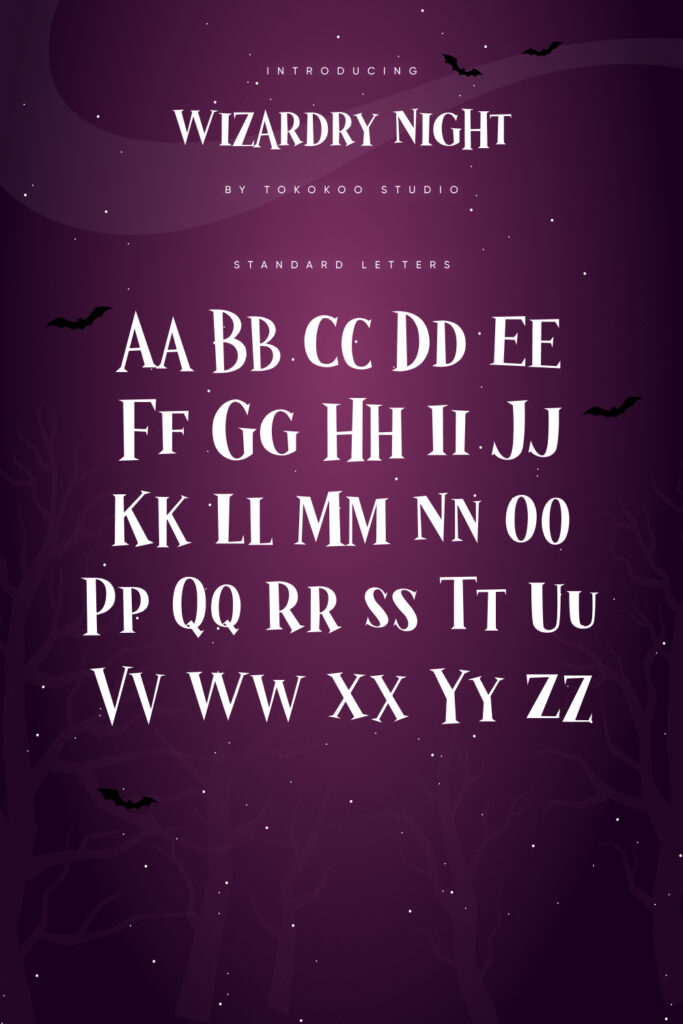 Wizardry Night Free Font Pinterest Collage Image with Alphabet.