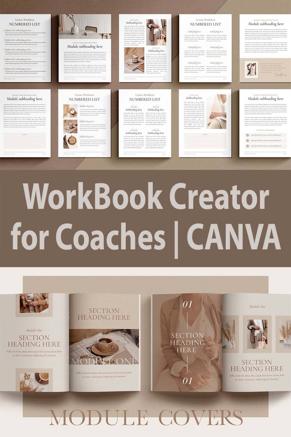 WorkBook Creator for Coaches CANVA pinterest image.