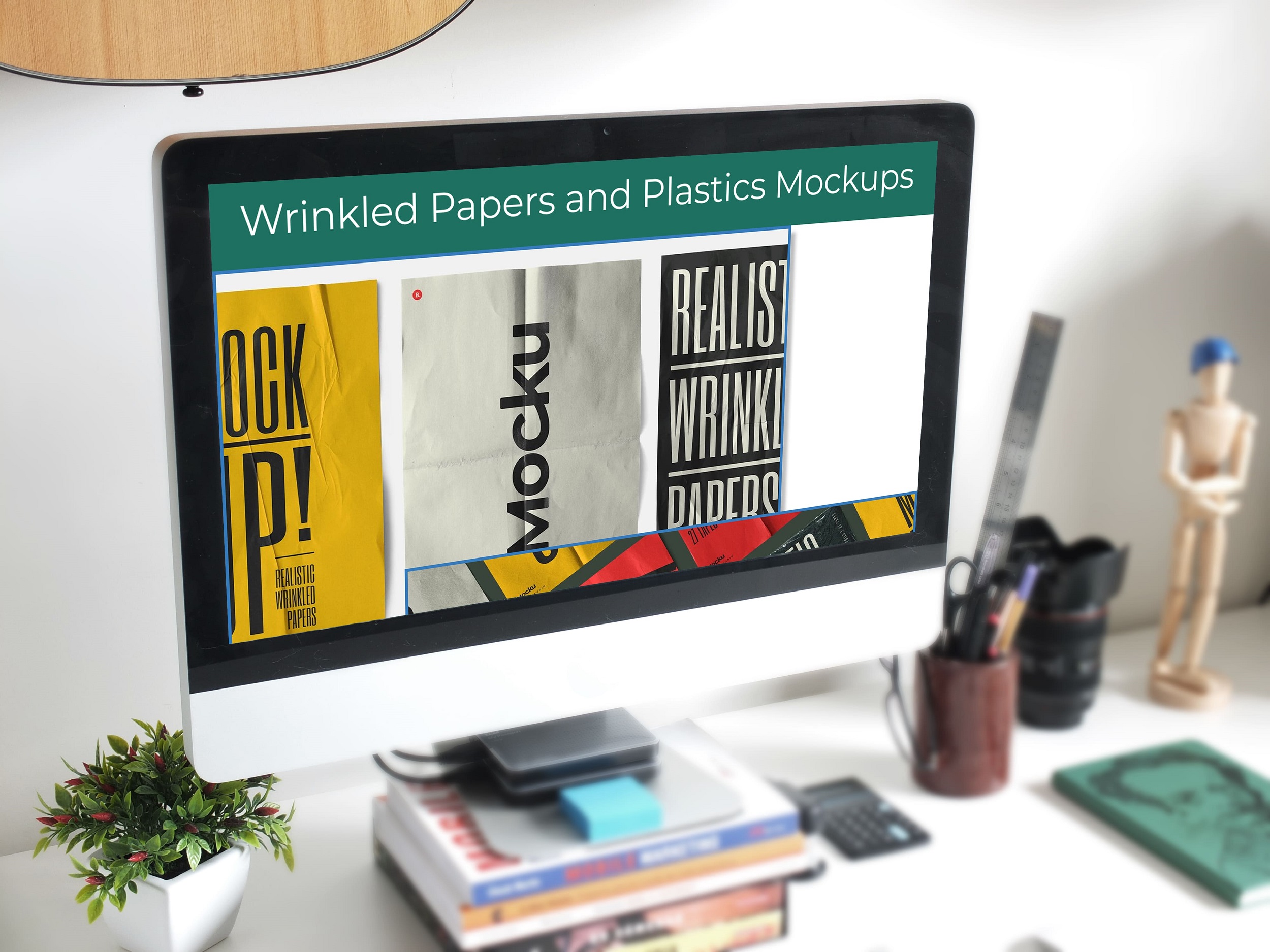 Wrinkled Papers and Plastics Mockups desktop mockup.