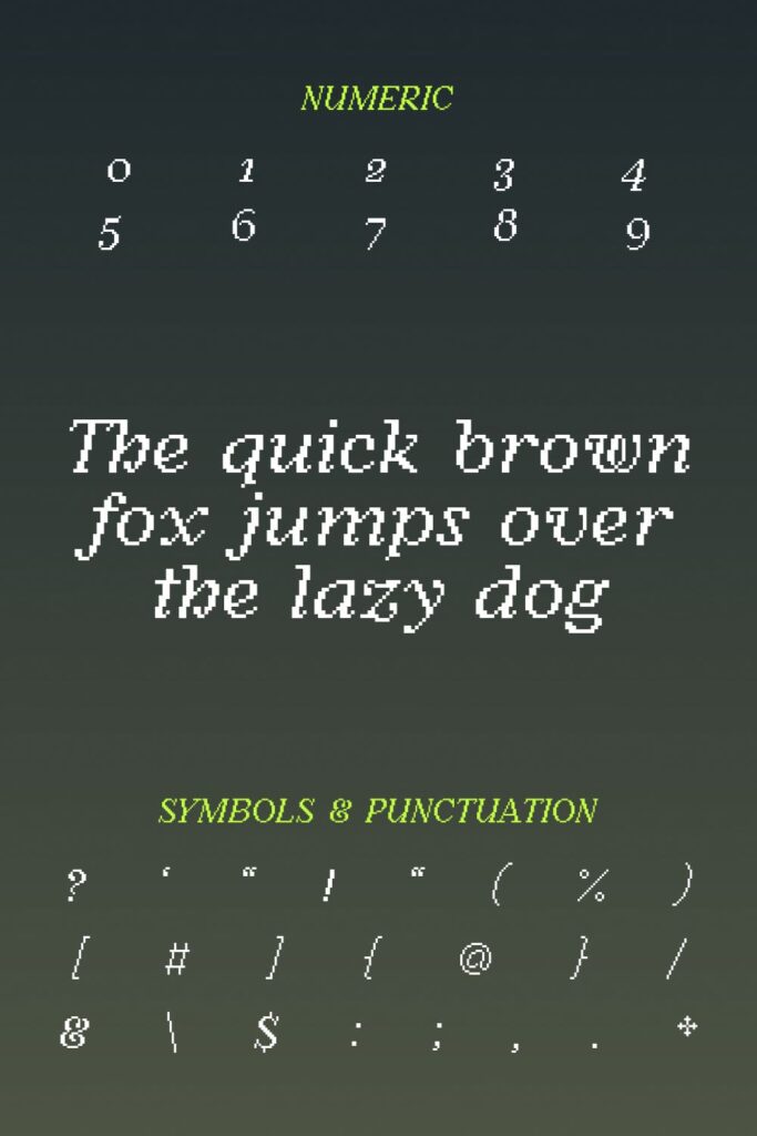 Auroral pixel font MasterBundles Collage Image with numeric, symbols and punctuation.
