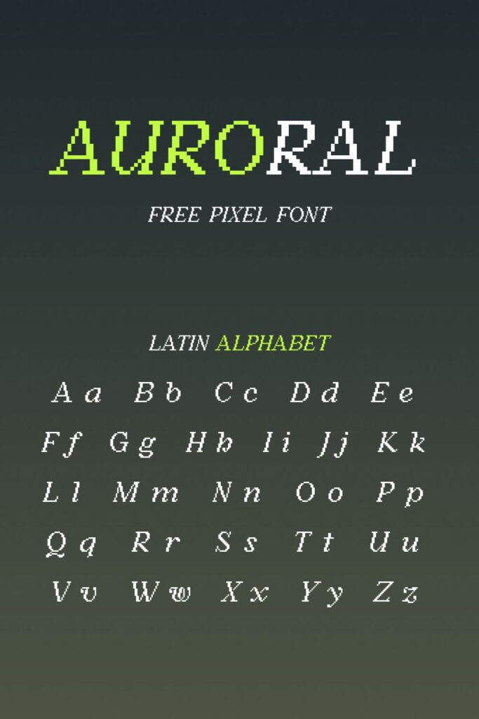 Auroral pixel font MasterBundles Pinterest Collage Image with latin alphabet.