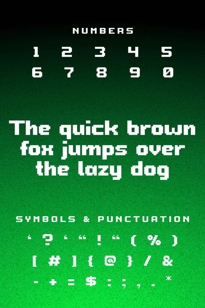 Bumbershoot pixel font MasterBundles Pinterest peview with numbers, symbols and punctuation.