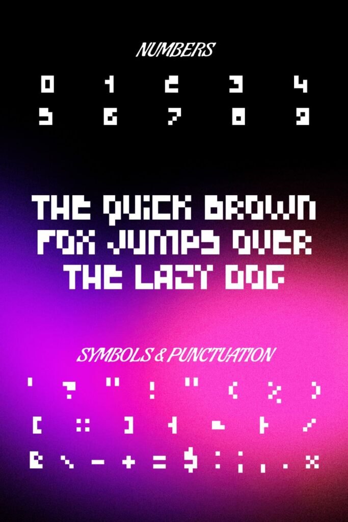 Cavil pixel font Pinterest preview with numbers, symbols and punctuation.