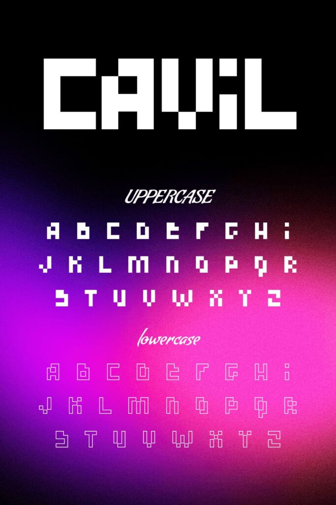 Cavil pixel font Pinterest MasterBundles collage image with uppercase and lowercase.