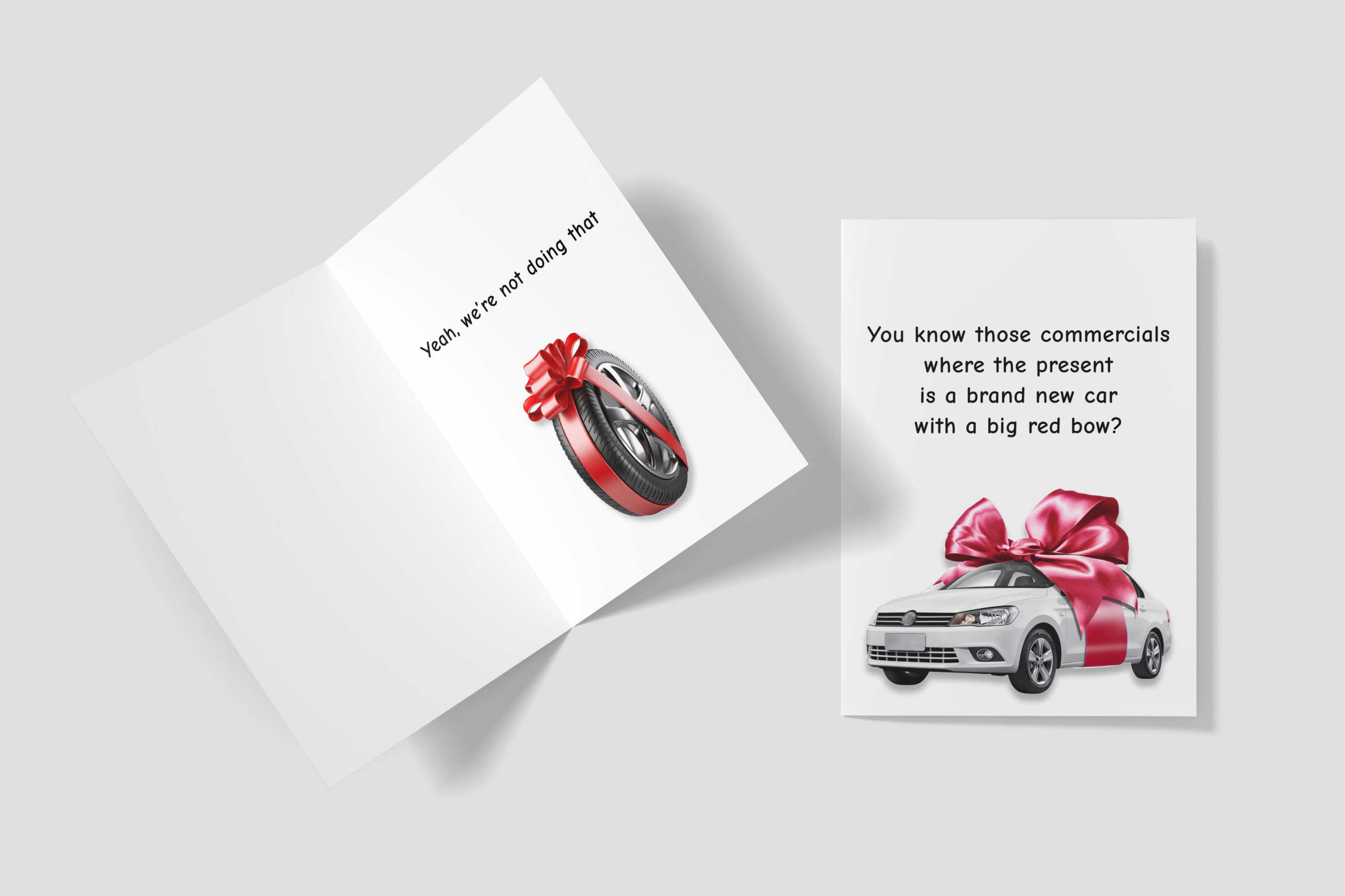 christmas card brand new car with a big red bow mockup.