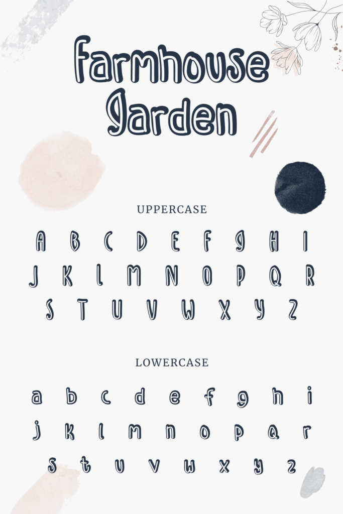 MasterBundles Pinterest collage image with Farmhouse garden free font alphabet.
