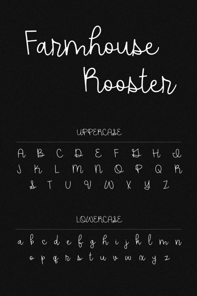 Farmhouse rooster free font alphabet Pinterest preview by MasterBundles.
