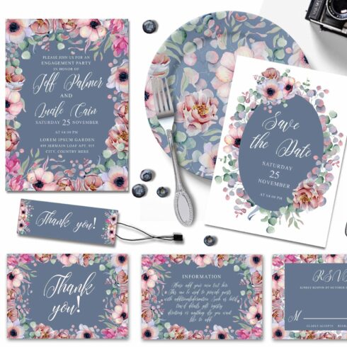 floral gray blue wedding invitation 1