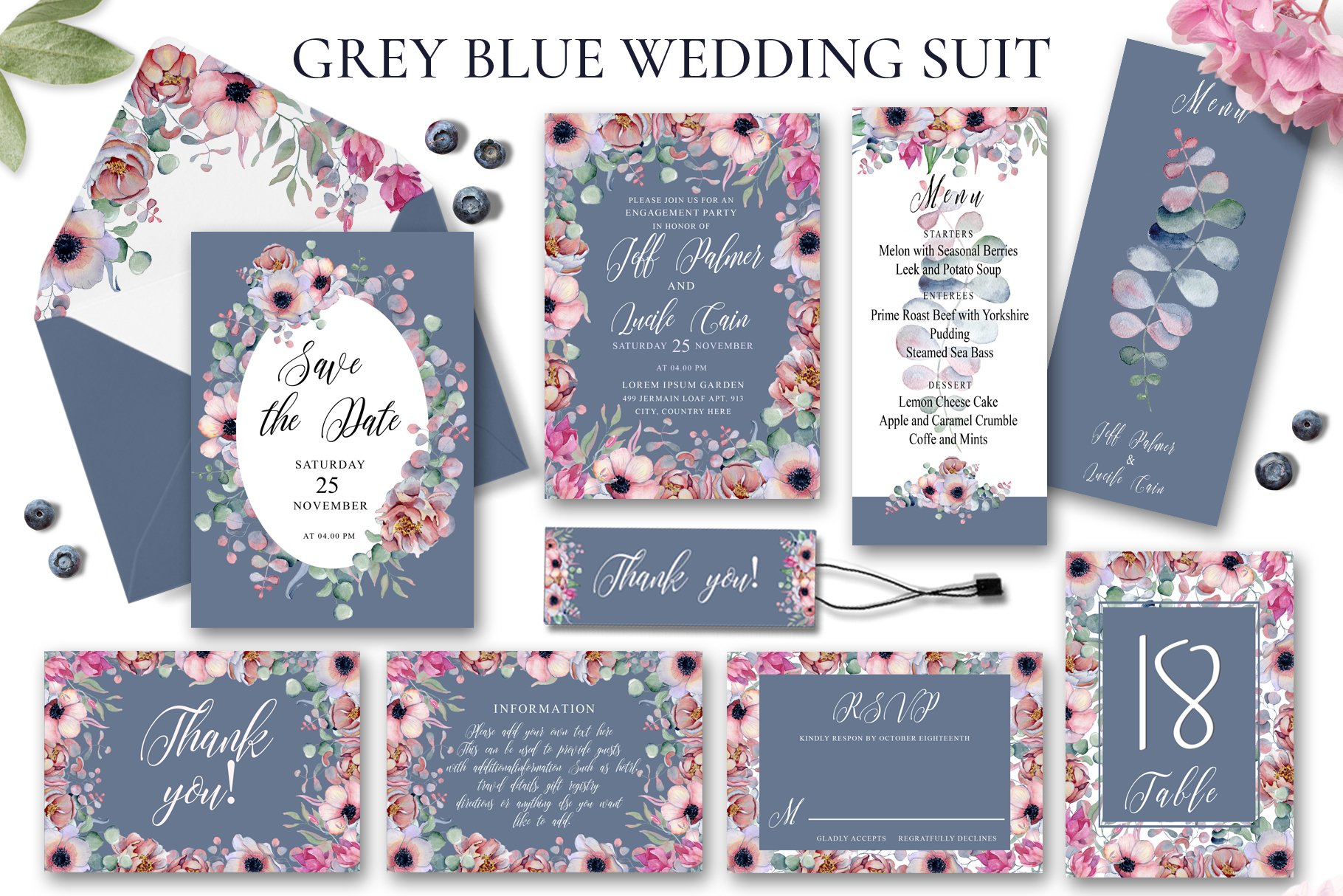 floral gray blue wedding invitation1
