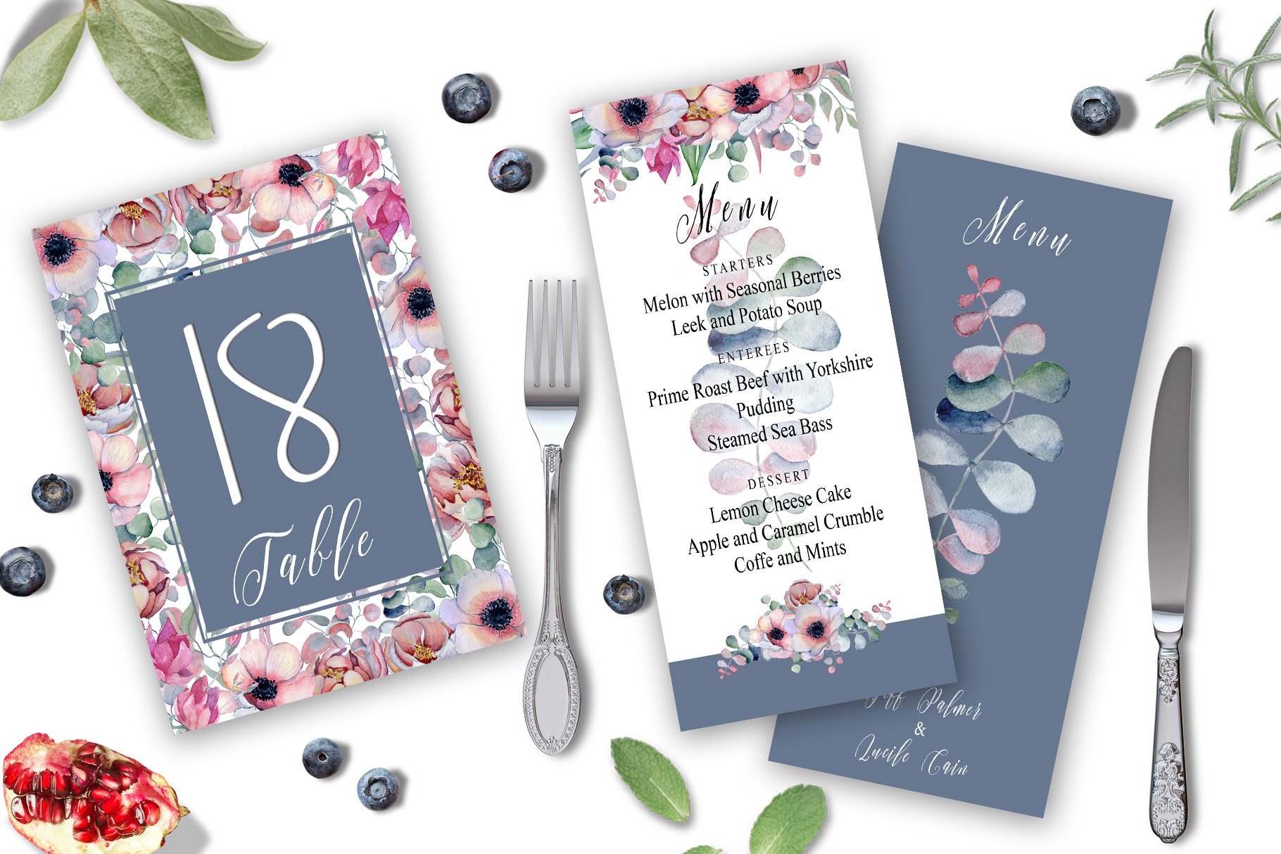floral gray blue wedding invitation2