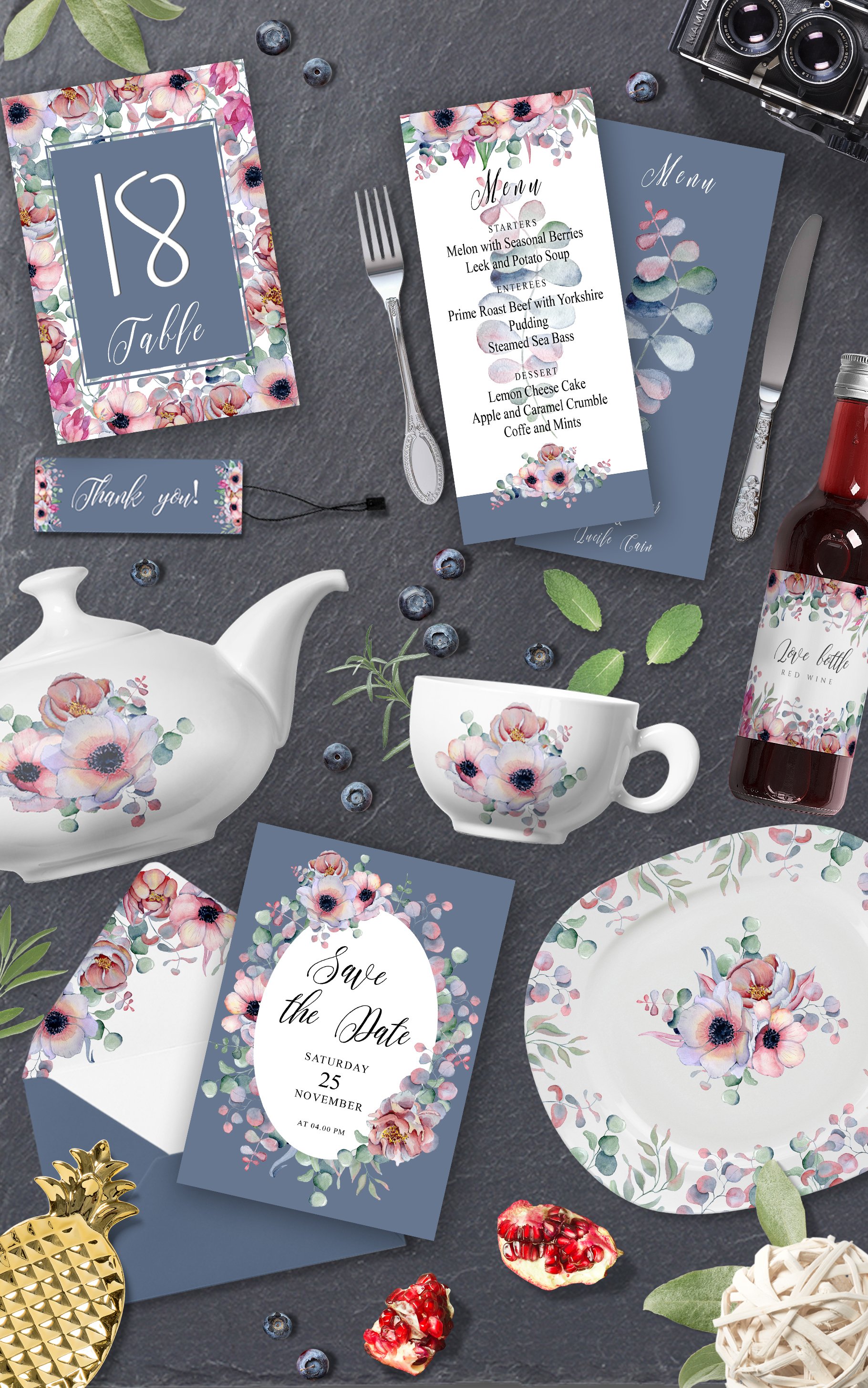 floral gray blue wedding invitation3
