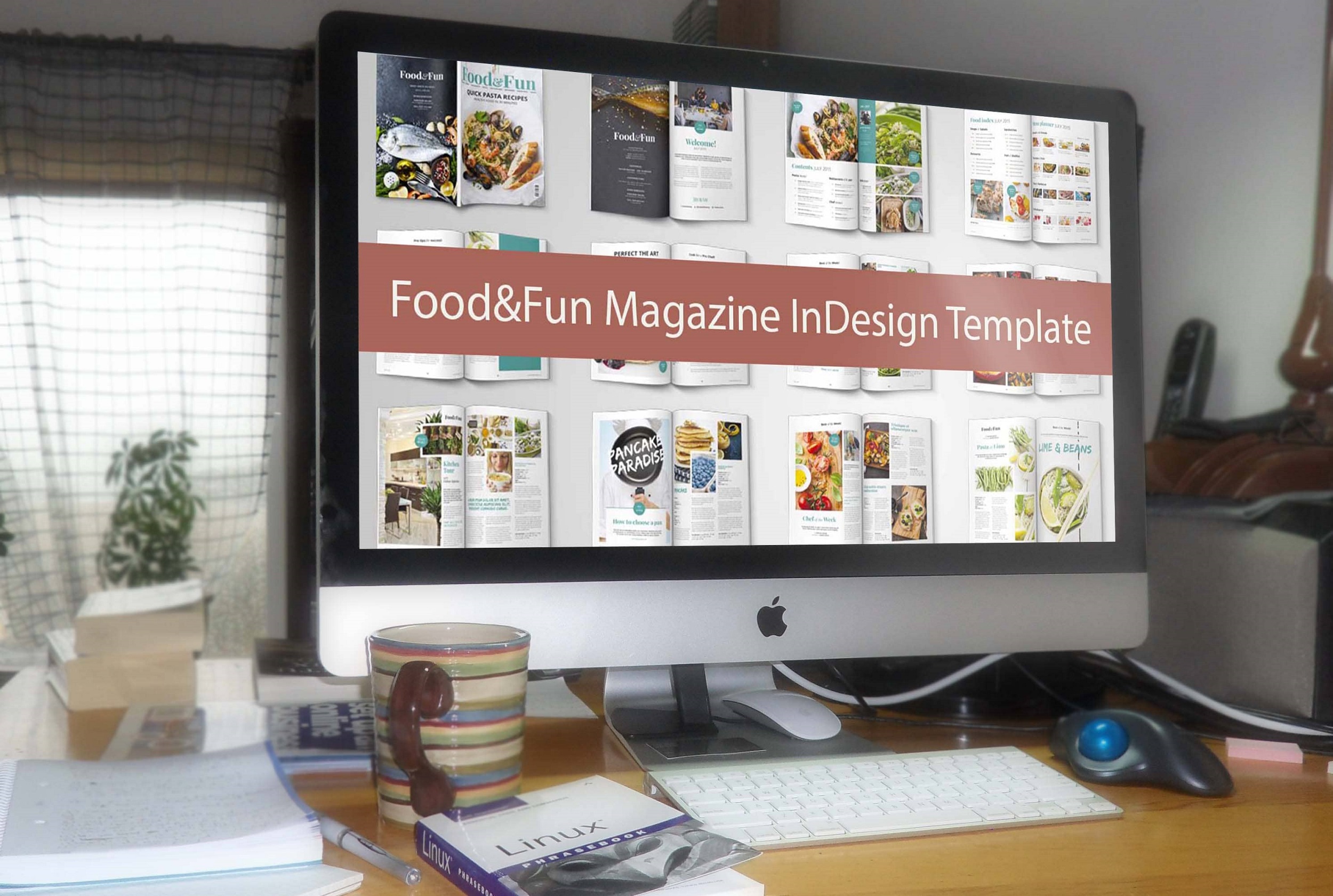 foodfun magazine indesign template computer mockup.