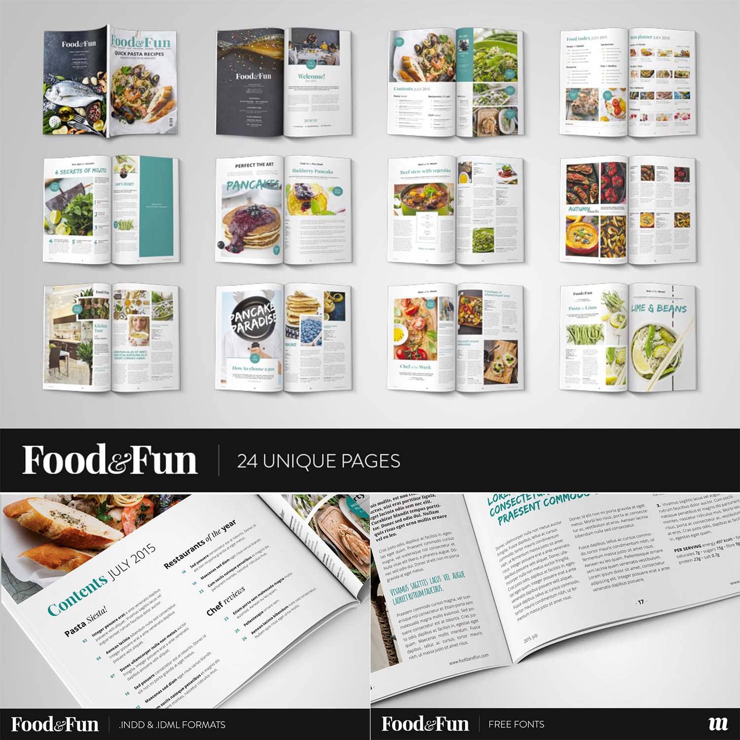 foodfun magazine indesign template preview image.