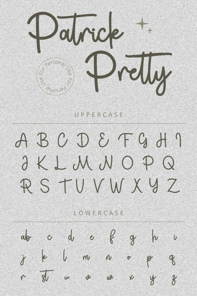 Free Patrickpretty Font Pinterest Preview with lowercase and uppercase.