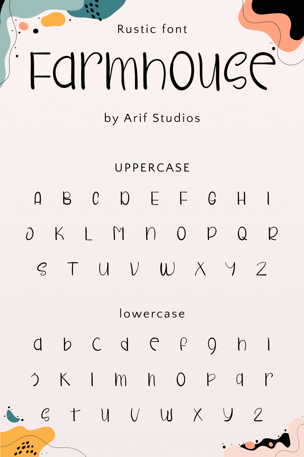 Free rustic farmhouse font Pinterest preview with alphabet.
