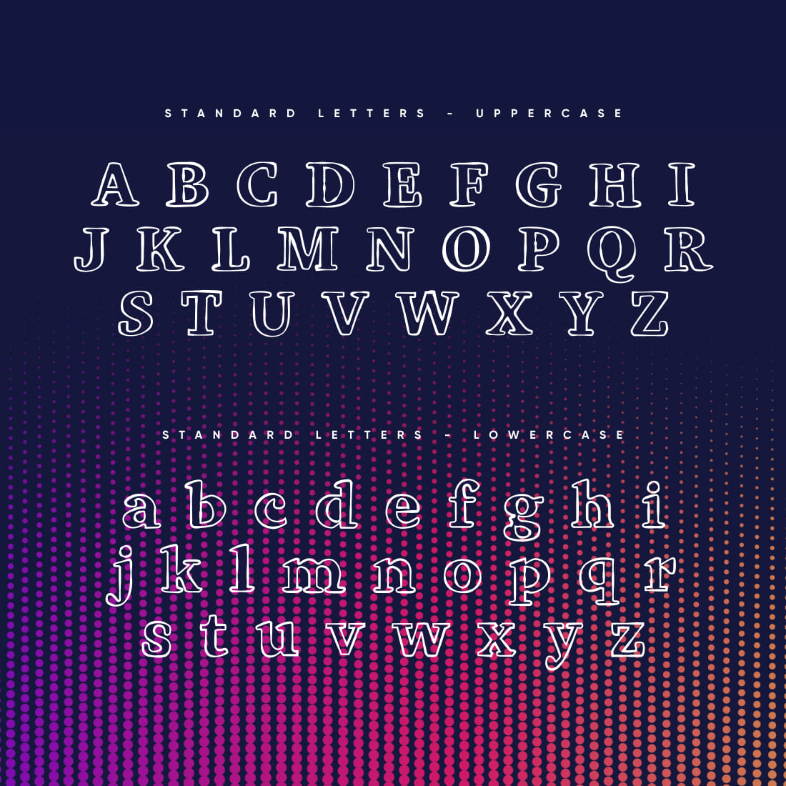 Imply outline serif font alphabet preview.
