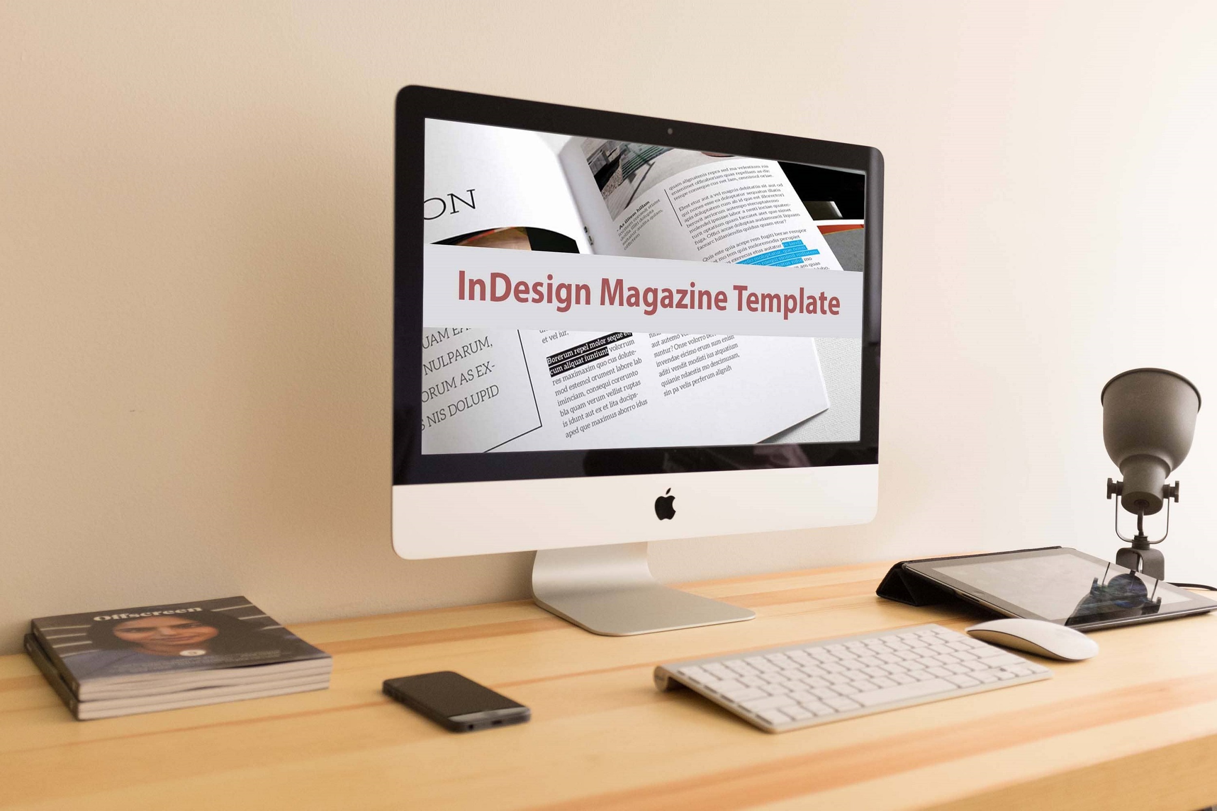 indesign magazine template computer mockup.