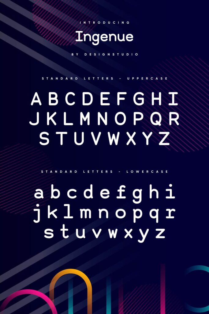Ingenue monospace sans serif font MasterBundles Pinterest Preview with lowercase and uppercase standart letters.