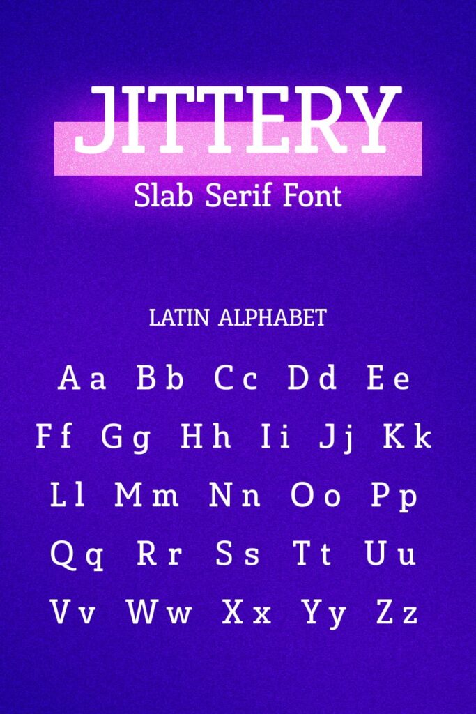 Jittery Slab Serif Font MasterBundles Pinterest Collage Image with latin alphabet.