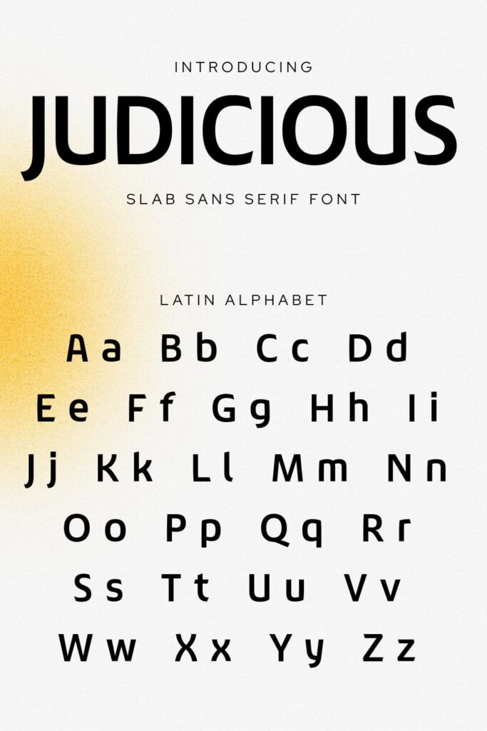 Judicious Slab Sans Serif Font pinterest MasterBundles collage image with latin alphabet.