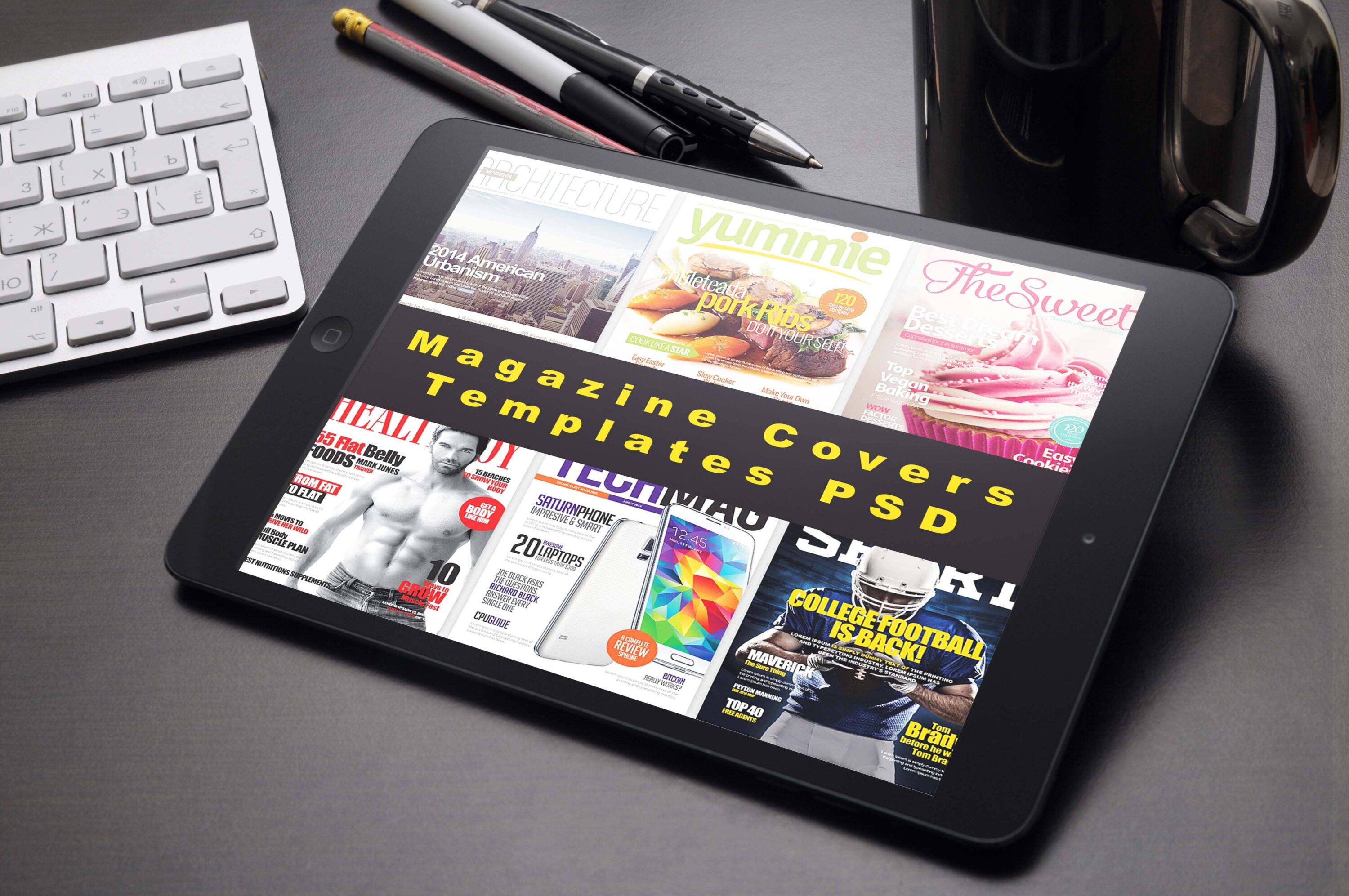 magazine covers templates psd tablet mockup.