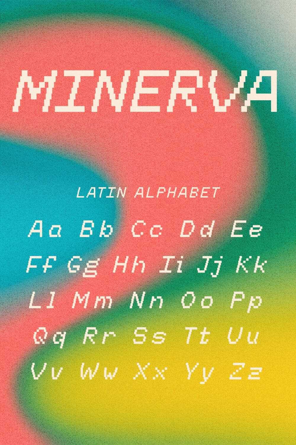Minerva pixel font Pinterest MasterBundles preview with latin alphabet.
