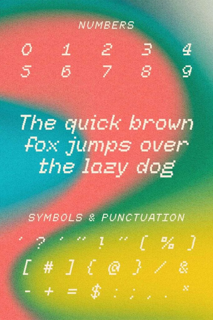 Minerva pixel font MasterBundles Pinterest preview with numbers, punctuation and symbols.
