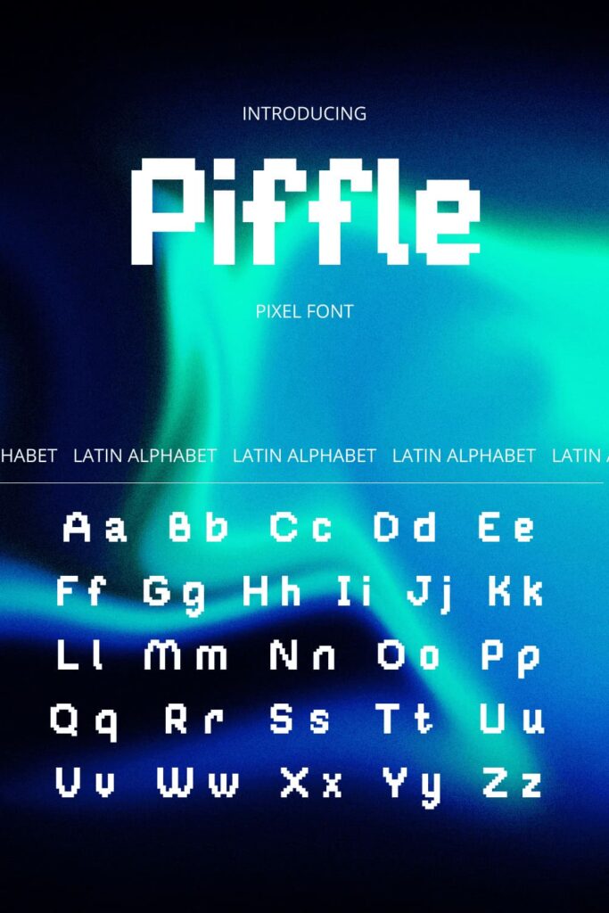 Piffle pixel font Pinterest preview latin alphabet by MasterBundles.