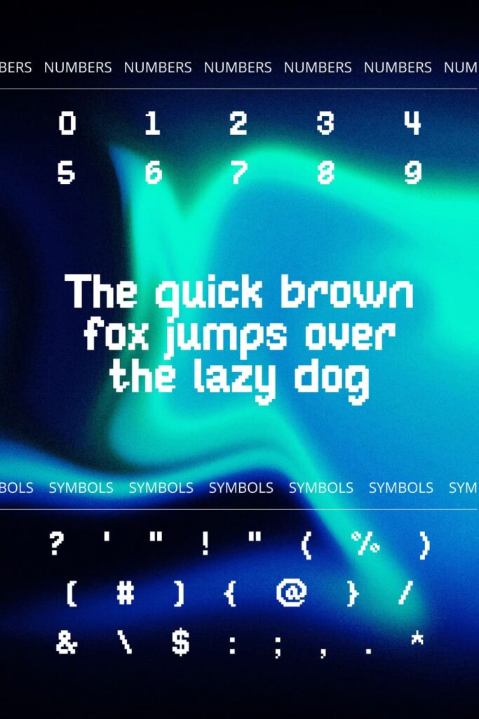 Piffle pixel font Pinterest preview with numbers and symbols.
