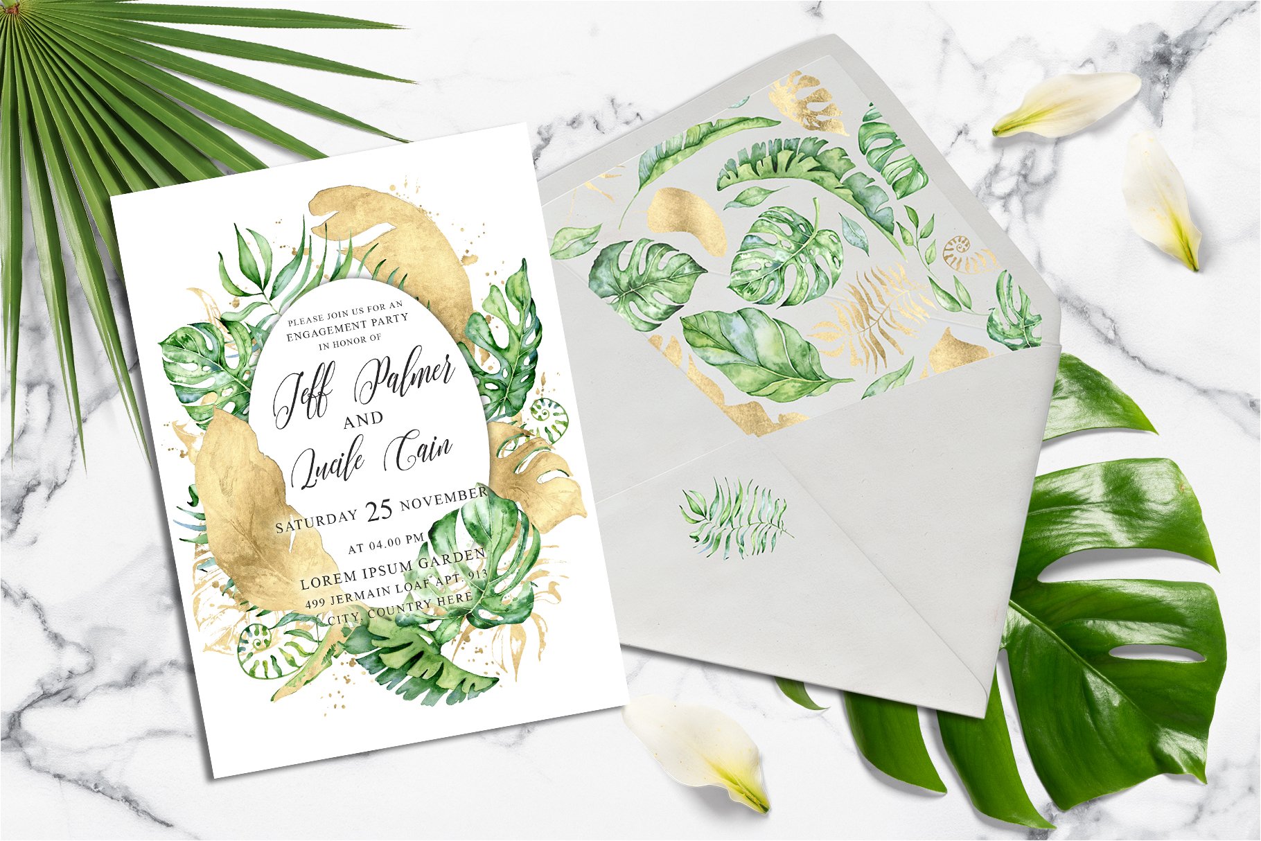 tropical gold wedding invitation2