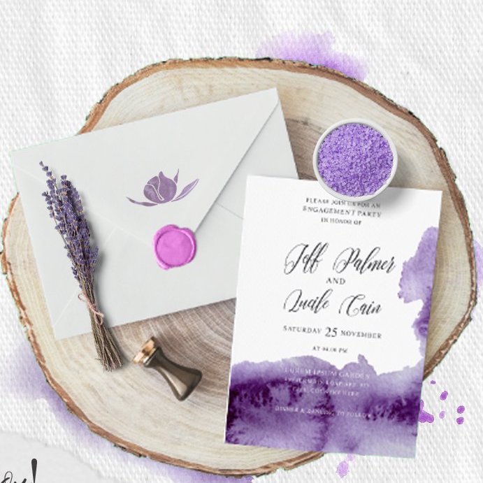 Ultra Violet Watercolor Wedding Card preview image.