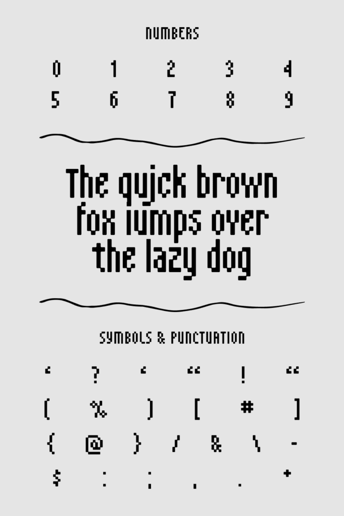 Vamoose pixel font Pinterest MasterBundles preview with numbers, symbols and punctuation.