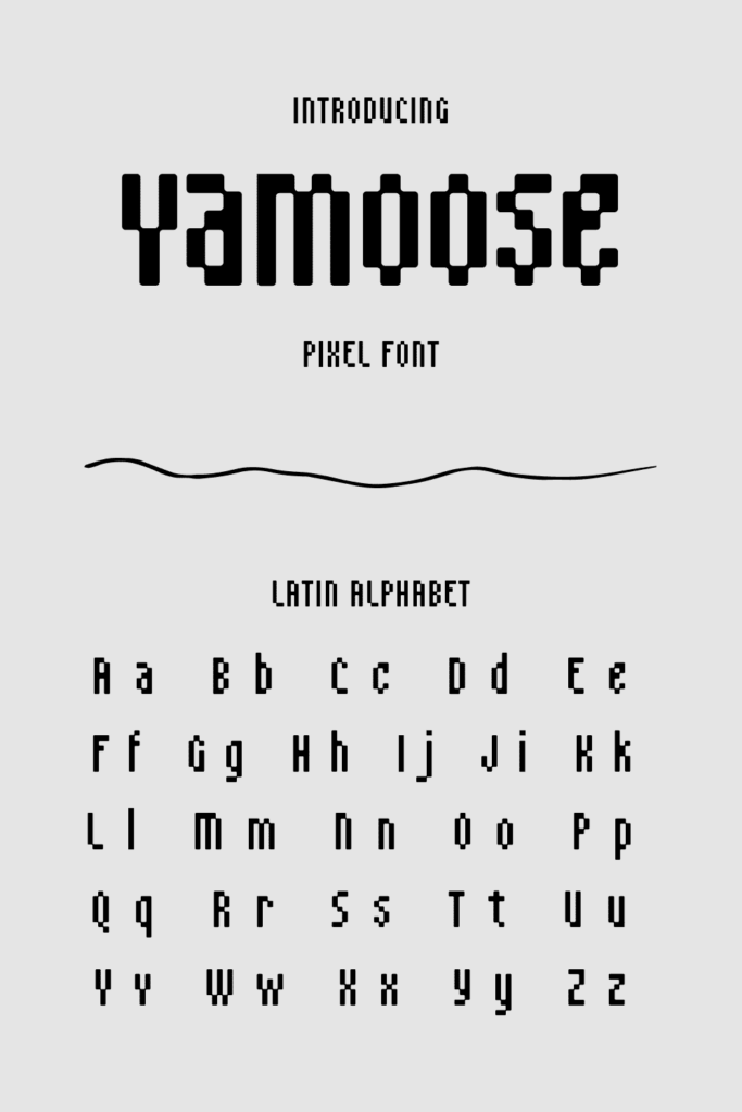 Vamoose pixel font Pinterest MasterBundles preview with latin alphabet.