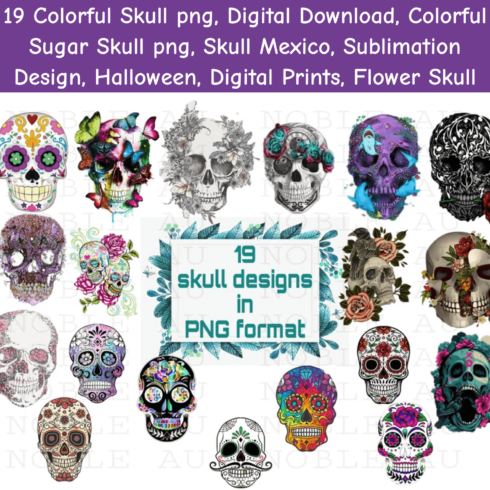 Colorful Skull PNG Digital Download.