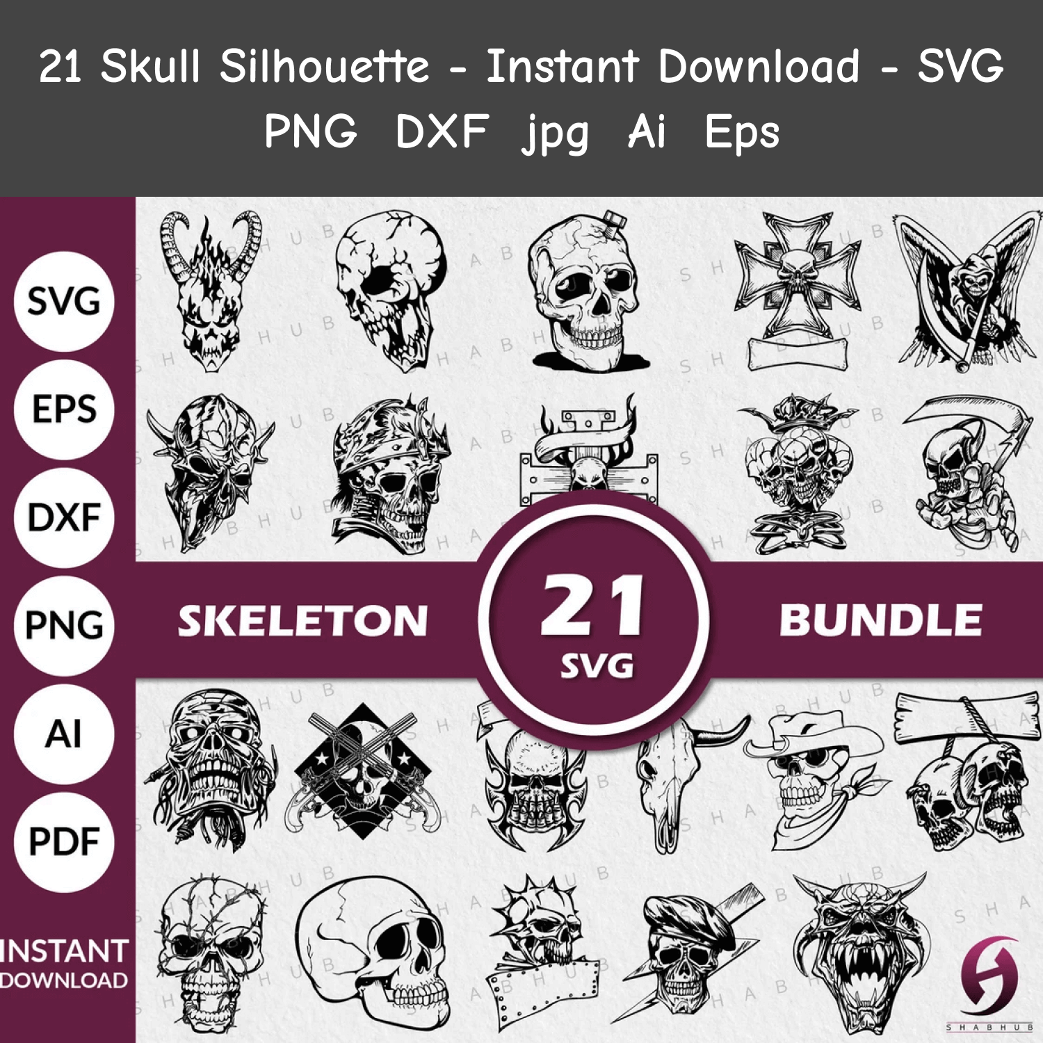 21 Skull Silhouette, Skeleton Bundle.