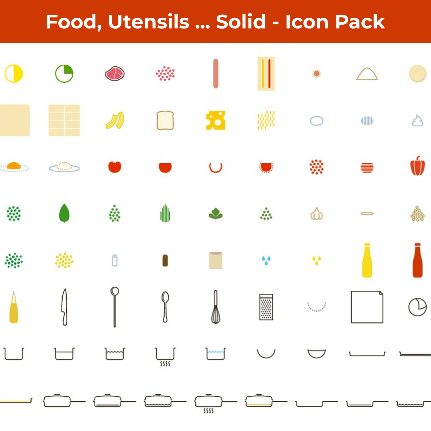 Different sizes food utensils icons on big template.