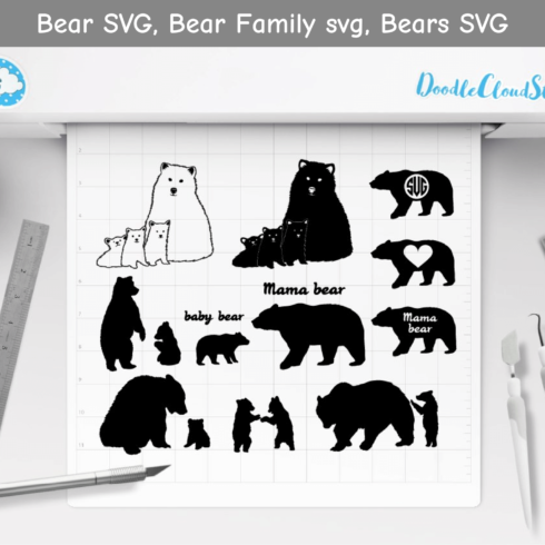 Different images of the family of bears on a piece of paper.