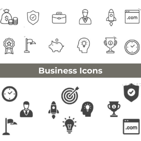 Solid and Line Business Icons on white background.