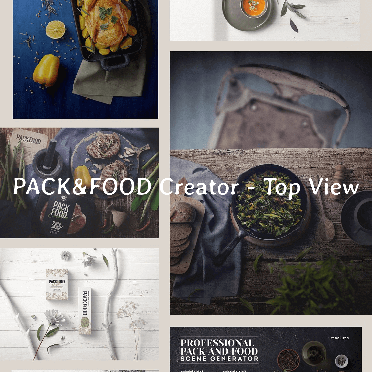 PACK&FOOD Creator - top view on Dark and Light Background.