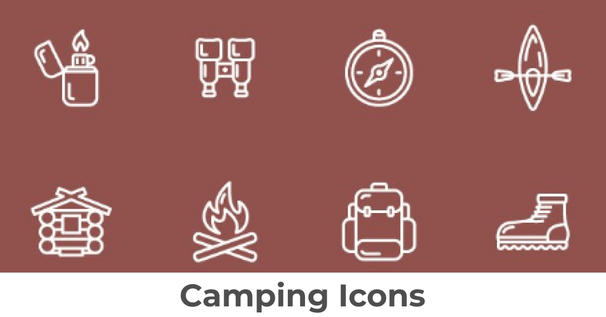 Big Camping Icons on red banner.
