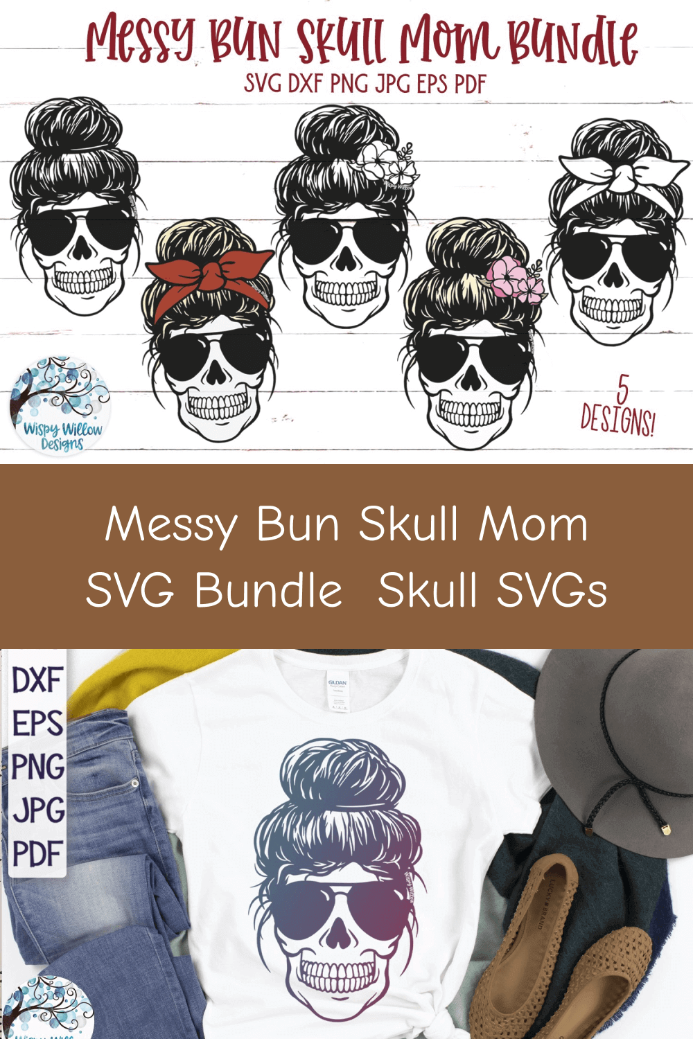 5 Design of Messy Bun Skull Mom SVG.