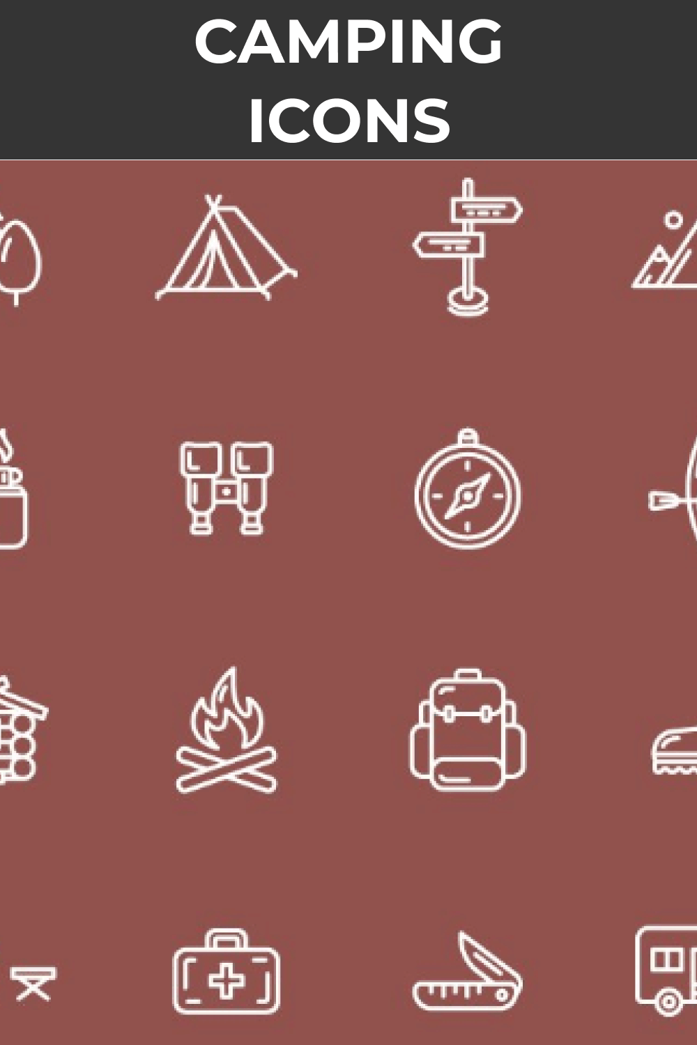 Big Camping Icons on red background.